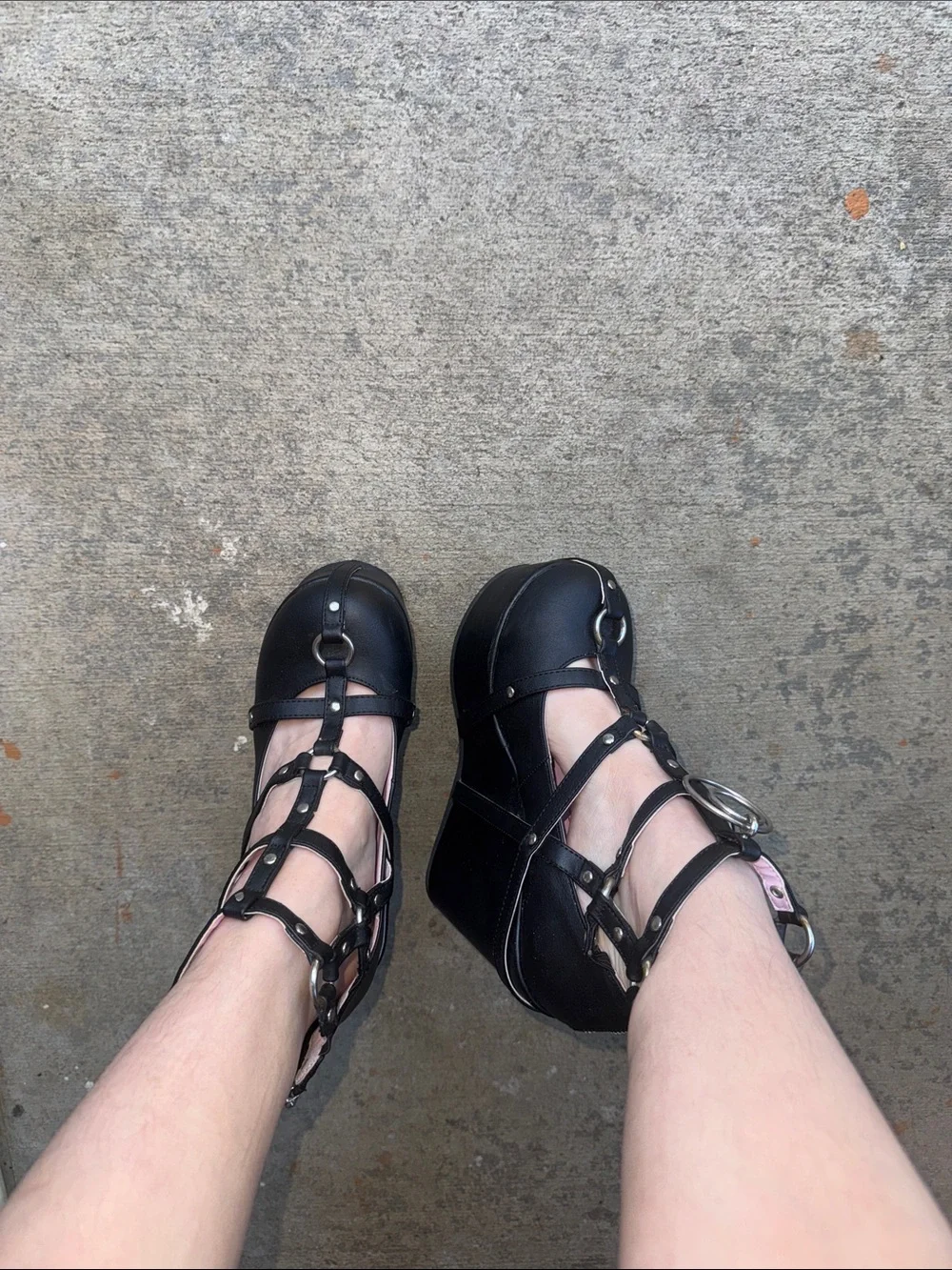 black platform demonias with pink interior